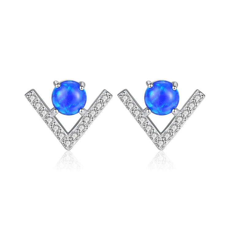 Fine Jewelry 925 Sterling Silver V Shaped Tiny Natural Round Blue Opal Stud Earrings for Women Girls