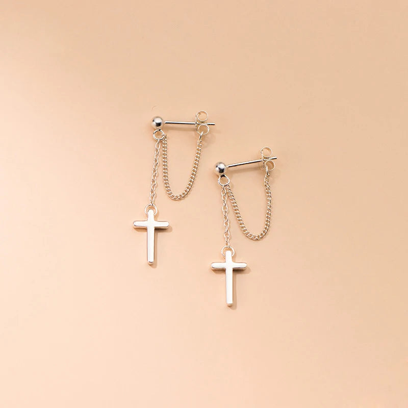 Beautiful Elegant Solid 925 Sterling Silver Cross Tassel Chain Stud Earrings for Women Jewelry Wholesale