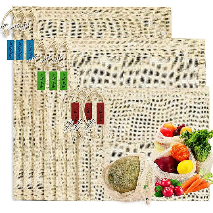 Eco-Friendly Organic Cotton Grocery Produce Bags Reusable Mesh Design with Letter Pattern