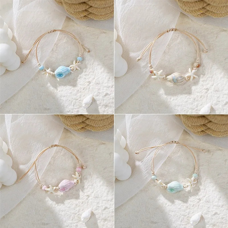 Bohemian Sweet Sea Ocean Style Braided Adjustable Seed Bead Ceramic Pink Blue Friendship Starfish Conch Bracelet for Women Girls