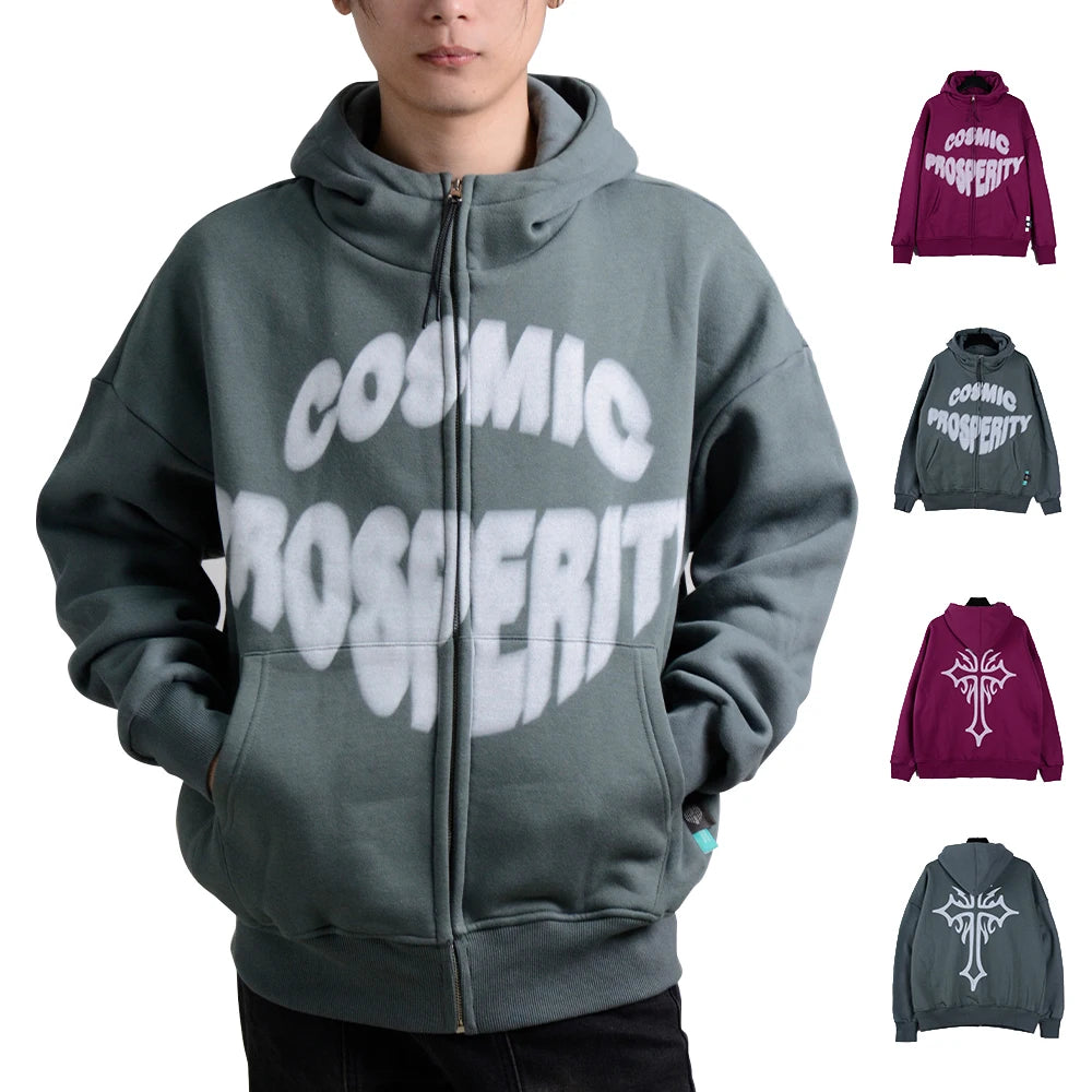 Unisex Custom 350gsm Hooded Zip-Up Fleece Oversized Heavyweight Winter Warm Breathable Lined Puff Printed Zip Hoodie