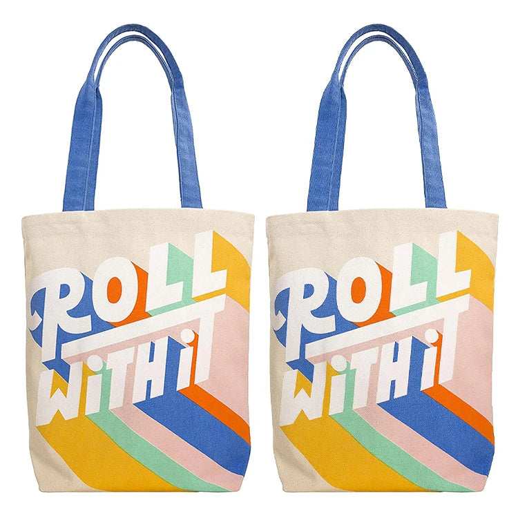 Custom logo Reusable Eco Friendly Grocery Packaging 100% Natural Cotton Canvas Tote Shopping Bag with Colorful Print