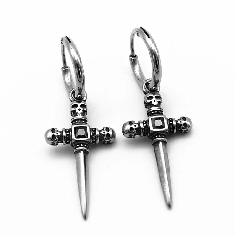 Hip Hop Charm Ear Ring Jewelry Stainless Steel Black Zircon Skull Sword Pendant Hoop Earring