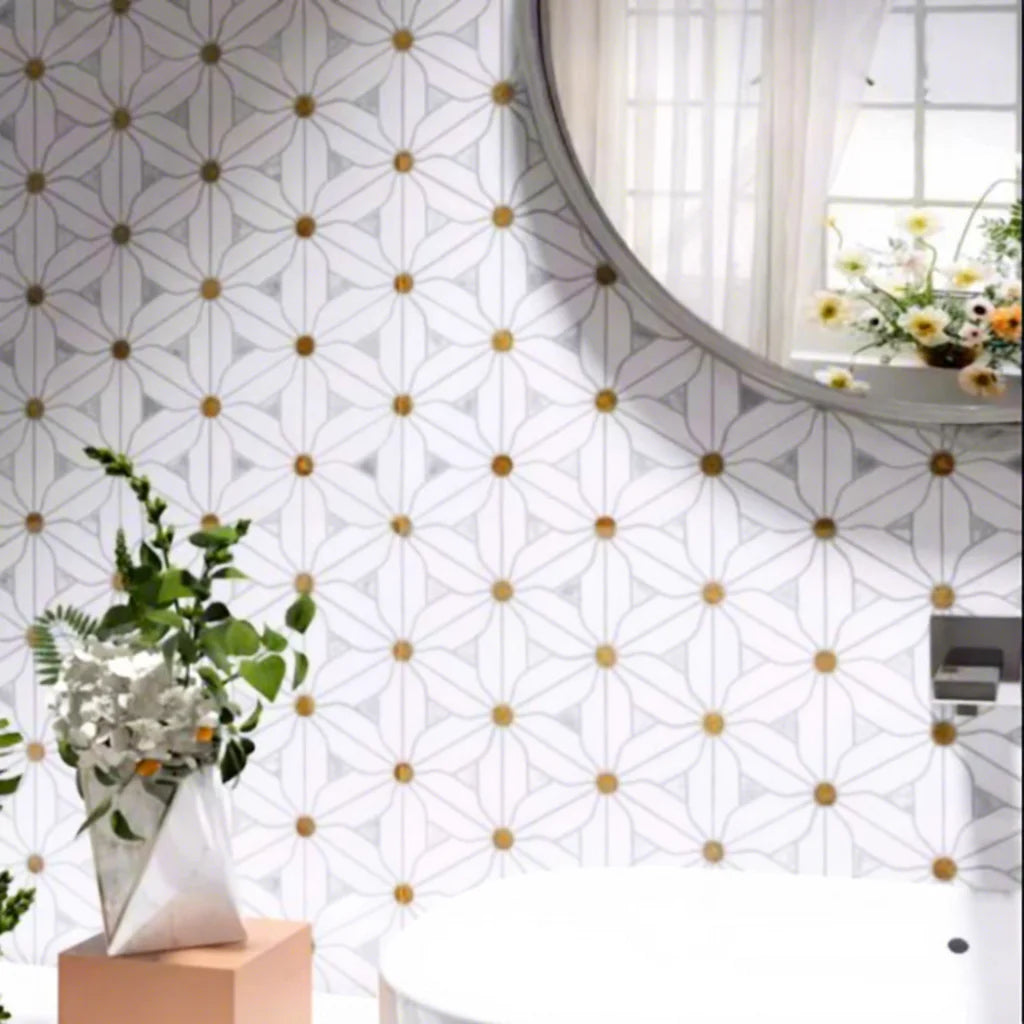 Natural Marble Stone Waterjet Flower Mosaic Personalised Background Wall Balcony Washroom Tiles