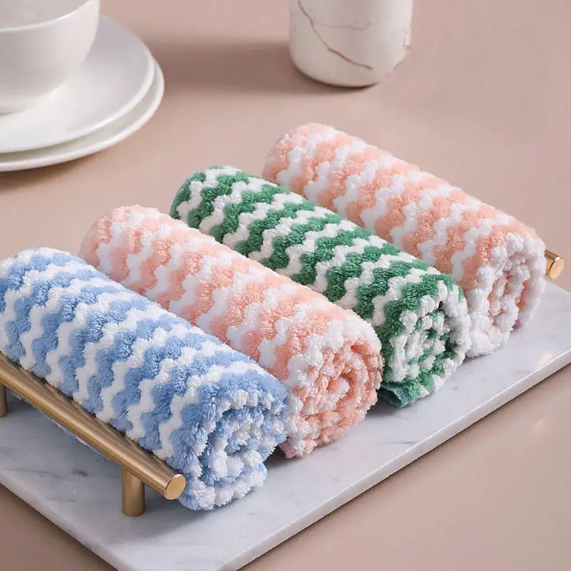 Baisly Eco-Friendly Microfiber Coral Fleece Towels Water Ripple Cationic Cleaning Cloth Kitchen Bathroom Table Rag Wipes
