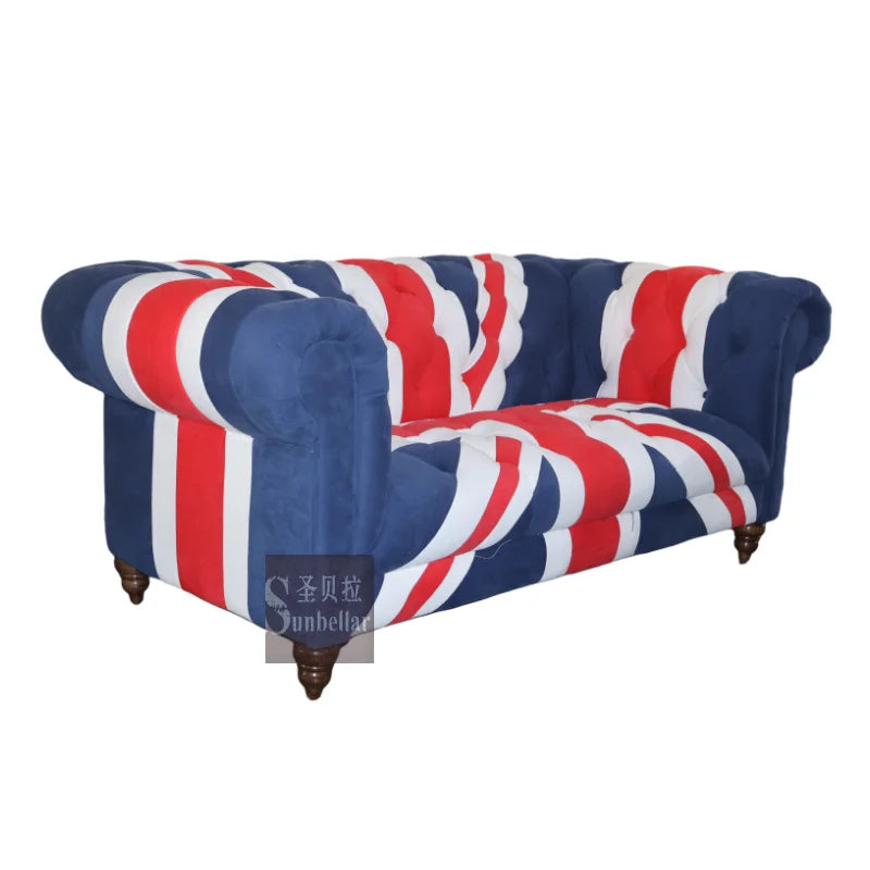 OEM ODM Vintage Denim Fabric Sofa Set Living Room Furniture England Flag Union Jack Chesterfield Sofa 2 Seat with Armchair