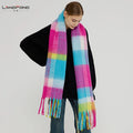 Landfond Ladies Warm Thick Winter Plush Fuzzy Woven Color Blocking Checkered Plaid Scarf Cape Poncho Blanket Shawl With Tassels