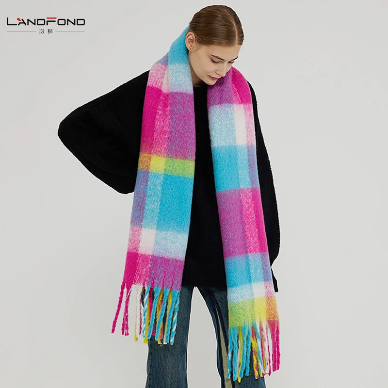 Landfond Ladies Warm Thick Winter Plush Fuzzy Woven Color Blocking Checkered Plaid Scarf Cape Poncho Blanket Shawl With Tassels