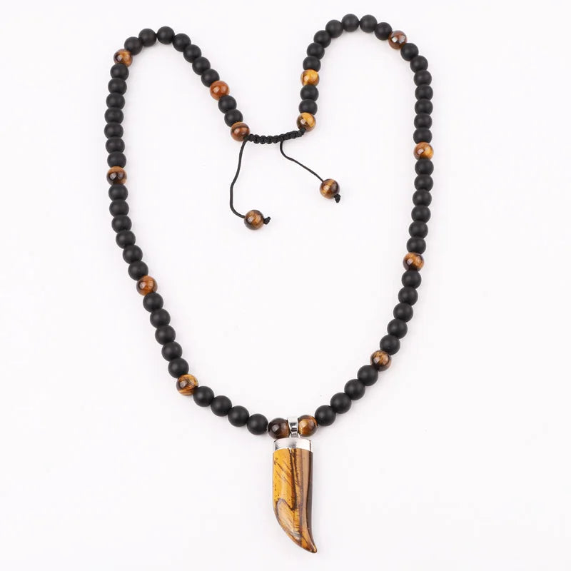Classic Design Natural Stone Gemstone 8mm Brown Tiger Eye Black Onyx Beads Adjustable OX Horn Pendant Long Men Necklace