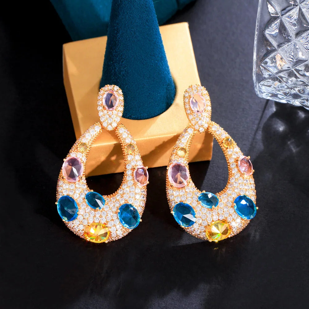 18k Yellow Gold Plated Multi Color Water Drop Large Long Dangle CZ Engagement Earrings for Women Party Wedding Jewelry MegaBDM