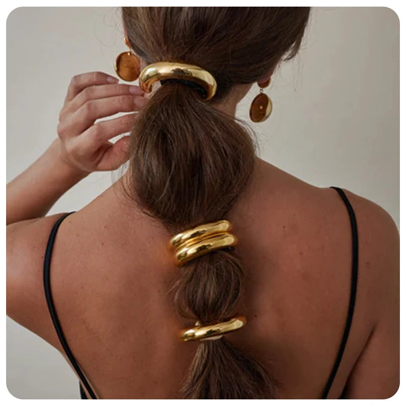 Waterproof 18K Gold Plated Stainless Steel Geometric Semi-circular Black Rubber Band Hair Ties for Women Hair Accessories