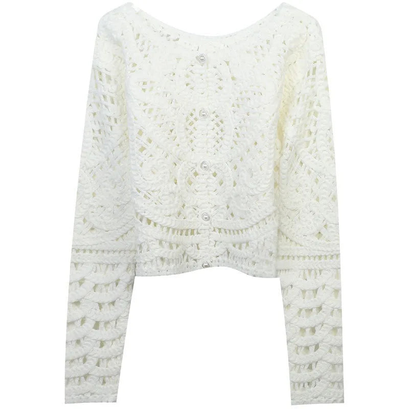 Hot Selling Ladies Handmade Crochet Sweater Hollow Buttons up Knitted Cardigan Women