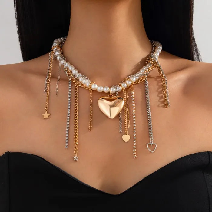 Big Heart Pendant Choker Necklace for Women Fashion Metal Tassel Pearl Beaded Collar Necklace Party Jewelry Gifts