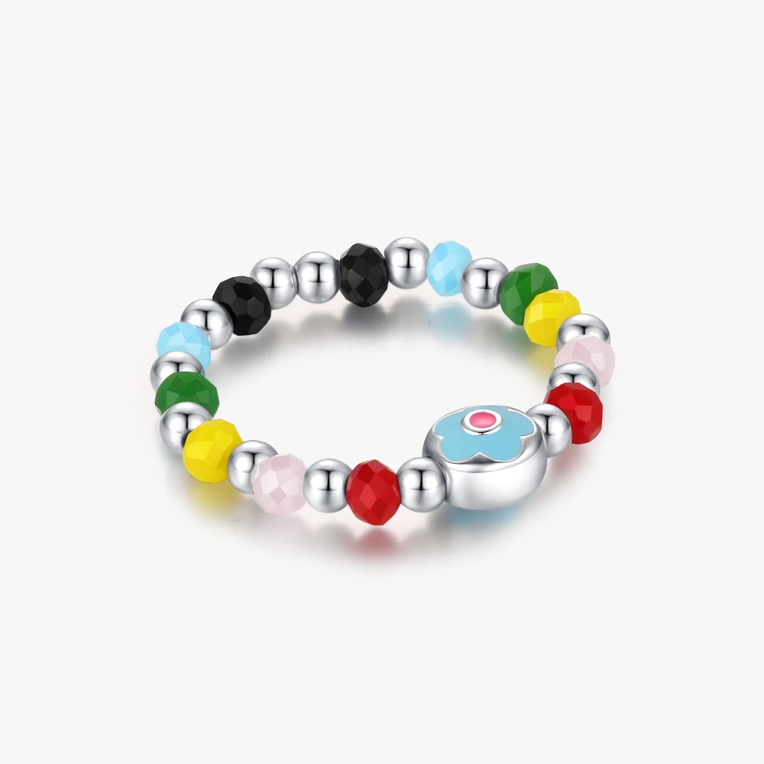 925 Sterling Silver Sweet Cute Colorful Crystal Beads Adjustable Charm Ring Fine Jewelry Enamel Flower Fashion Rings for Women