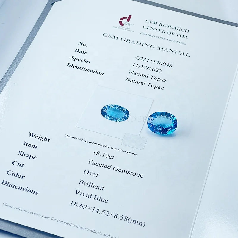 Cadermay Natural Topaz Oval Brilliant Cut Vivid Blue Loose Gemstone With GRC Certificate Ready to Ship for Jewelry Making