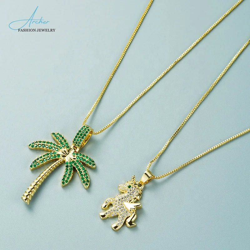 Simple Luxury Women's Copper Gold-Plated Zircon Coconut Pendant Necklace Fashion Accessory with Pearl As Main Stone
