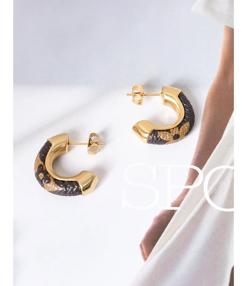 Christmas Waterproof Small Flower Earrings Jewelry Non Tarnish Stainless Steel Chunky C-shape Black Enamel Hoop Earrings
