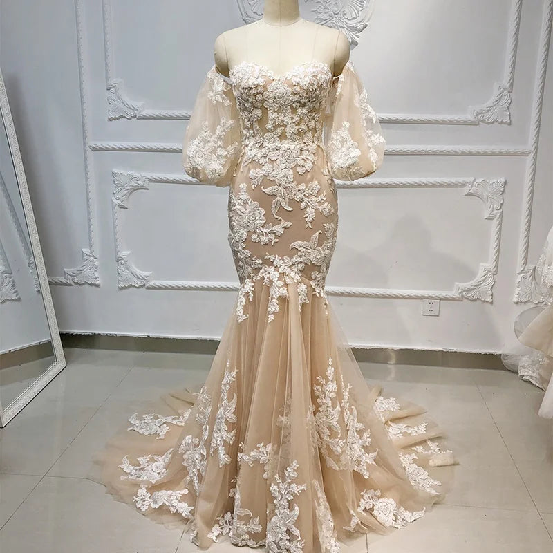 RL009 Mermaid Prom Dress Women Fashion Slim Embroidered Lace Champagne Color Casual Dress