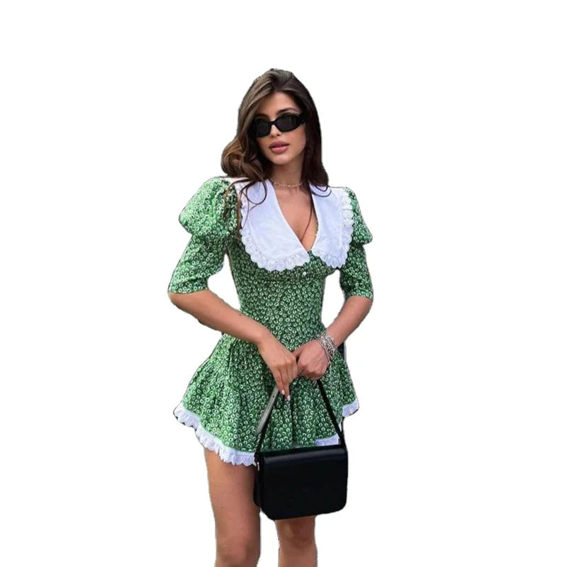 RNSHANGER Summer Printed Dresses Women Fashion Slim Mini Dress Women Elegant Prairie Chic Puff Sleeve Dresses for Female