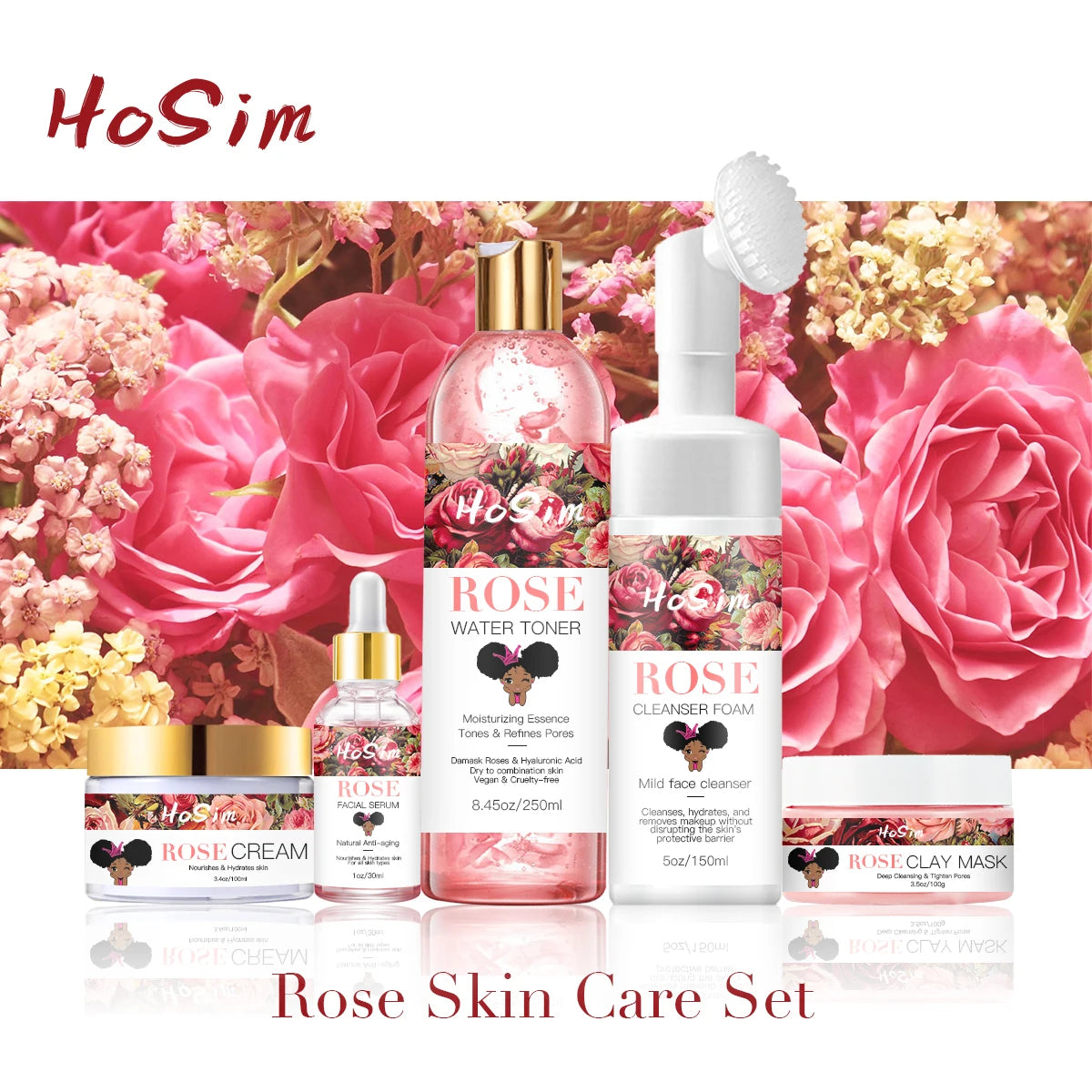 Rose Skin Care Set 6-Piece Kit Vitamin C Facial Cleanser Foam Water Toner Clay Mask Serum Cream-Anti-Aging Whitening (New)