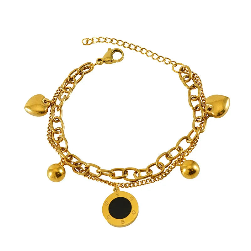 Wholesale European American Fashion Jewelry 18K Gold Plated Stainless Steel Love Double Chain Bracelet Zircon Charms for Women