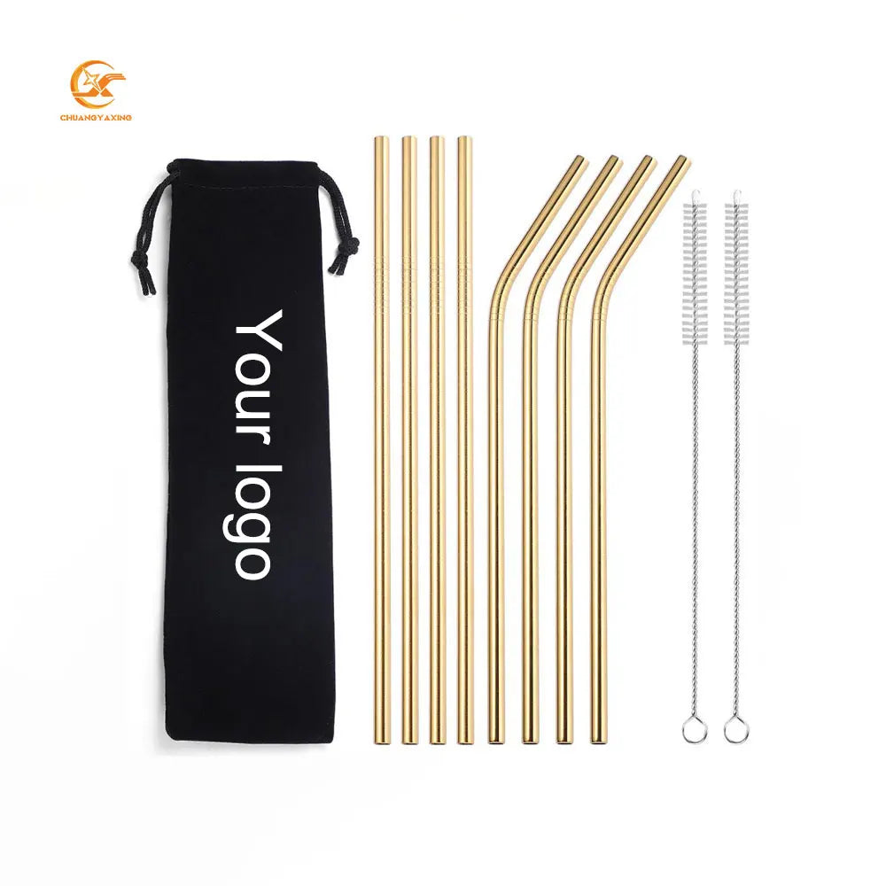 Wholesale Titanium Colorful Metal Straw Gold Reusable Portable Stainless Steel Straw Set with Bag