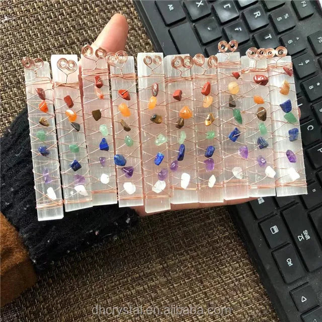 New Arrivals Spiritual Healing Products Natural 7 Chakra Beads Wire Wrapped Raw Selenite Stick Wand for Meditation