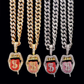 Creative Gold Plated Hip Hop Tongue Lip Shape Dollar Sign Pendant Iced Rhinestone Cuban Chain Necklace for Women Party Wedding