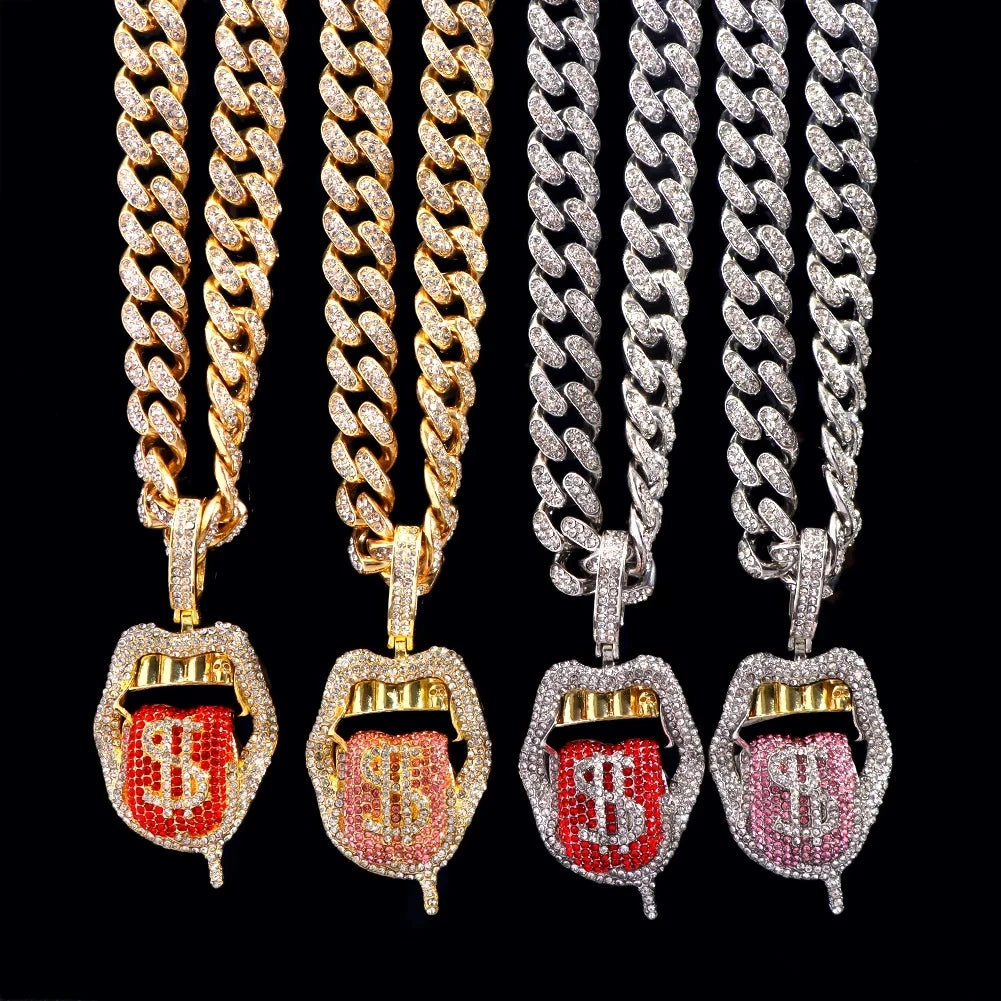 Creative Gold Plated Hip Hop Tongue Lip Shape Dollar Sign Pendant Iced Rhinestone Cuban Chain Necklace for Women Party Wedding