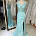 2025 Custom Light Blue Spaghetti Prom Dresses V-Neck Mermaid Crystal Beads Formal Party Dress with Slit Long Satin for Women