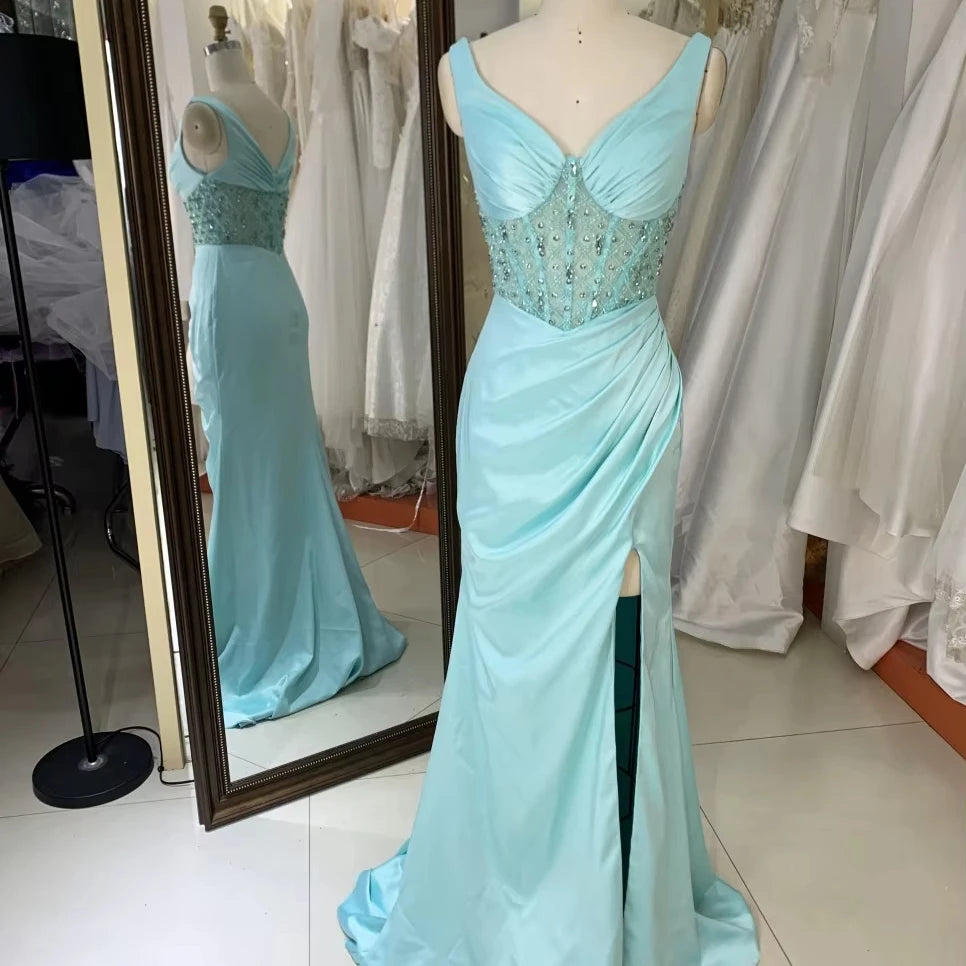 2025 Custom Light Blue Spaghetti Prom Dresses V-Neck Mermaid Crystal Beads Formal Party Dress with Slit Long Satin for Women