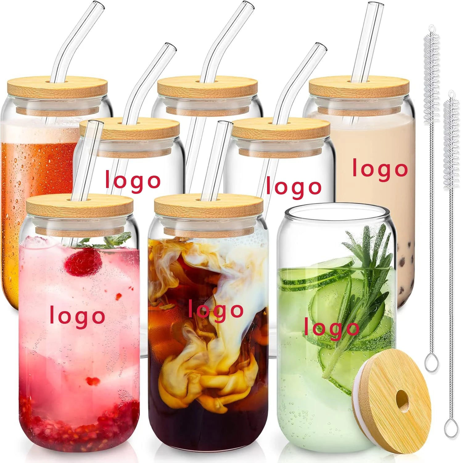Glass Beer Can with Bamboo Lid and Straw Custom logo Beer Shaped Drinking Glasses 16 oz Beer Can Glasses