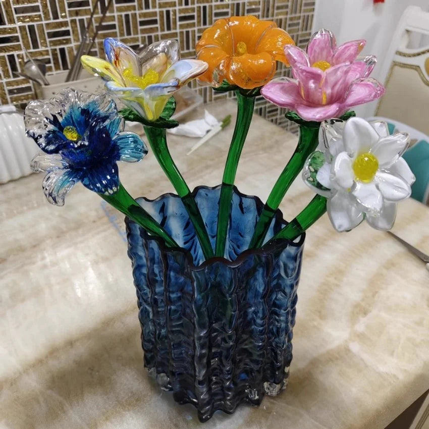 Artificial Flowers Hand Blown Art Nordic Folk Art Decorative Long Stem Vivid Colored Murano Glass Flower Figurine Custom Size