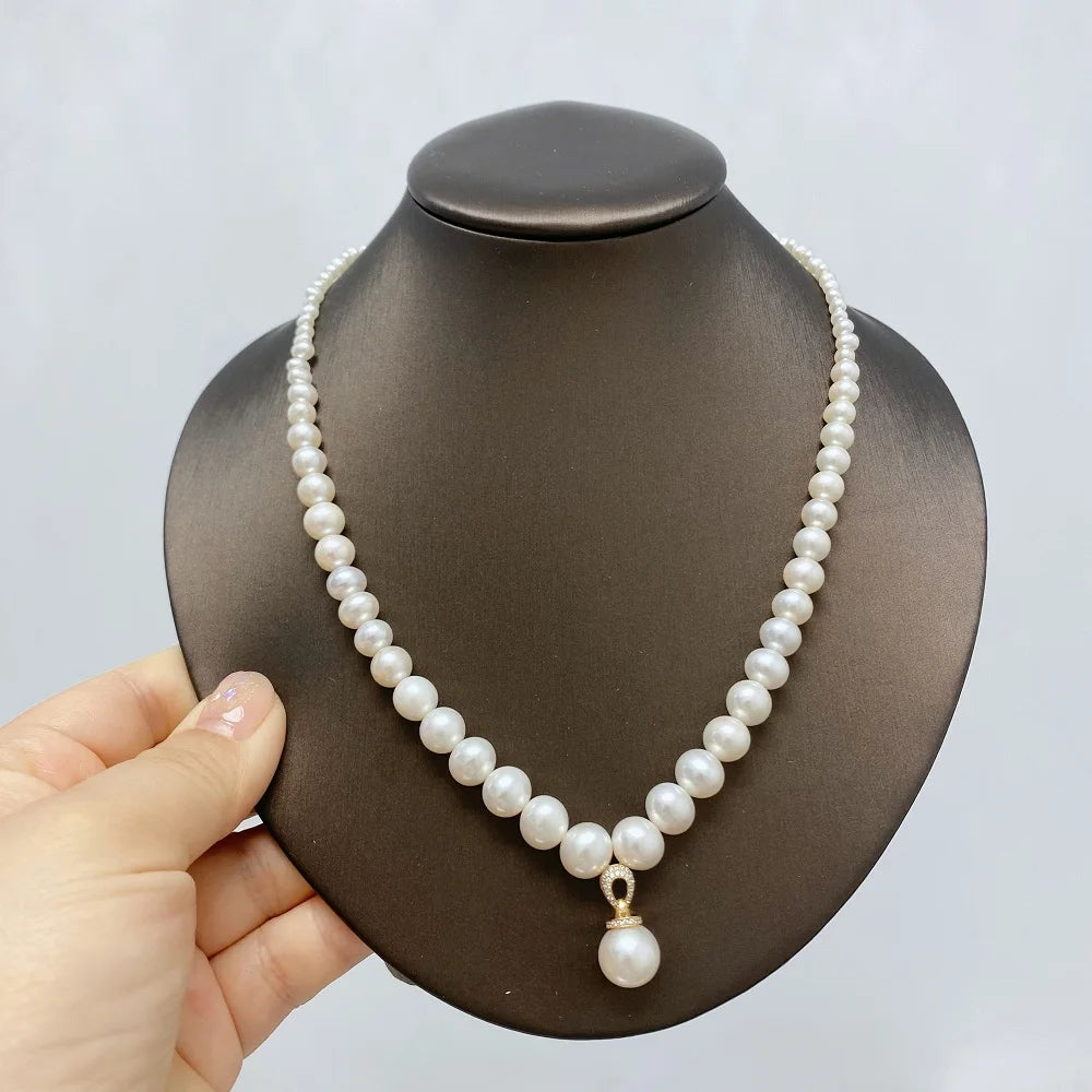 Freshwater Pearl Round Necklace 3-9mm 4A Quality Small to Large Pearls with Silver Clasp + Silver Pendant Product