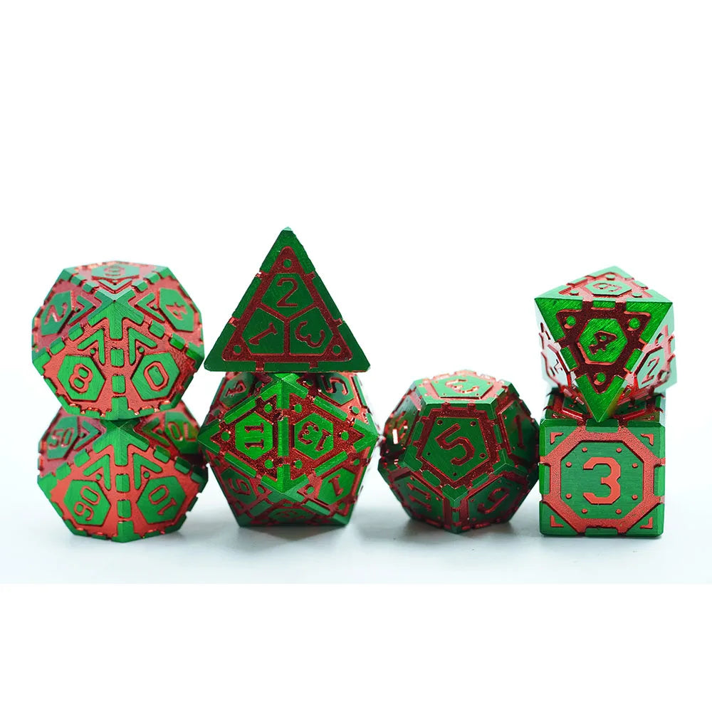 Custom Logo Cracked Stripe Shape  Metal Green and Red Zinc Alloy RPG 7pcs Dice Full Set