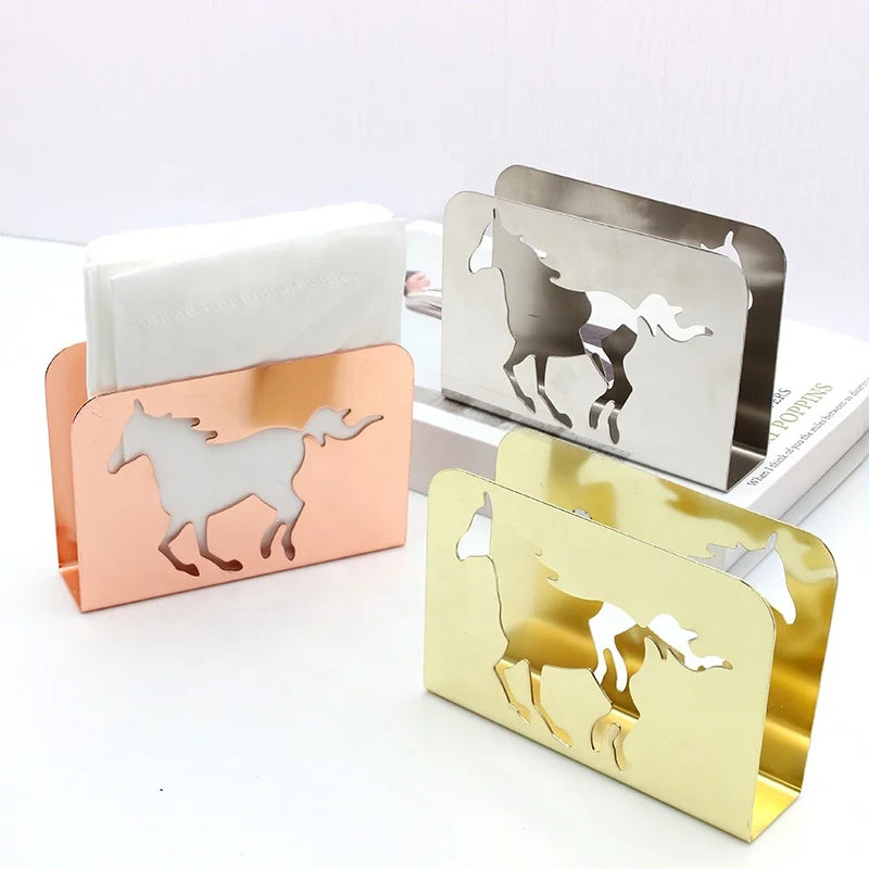 Gold & Rose Gold & Silver Stainless Steel Running Horse Design Metal Napkin Holder for Dinner Table Picnic Table