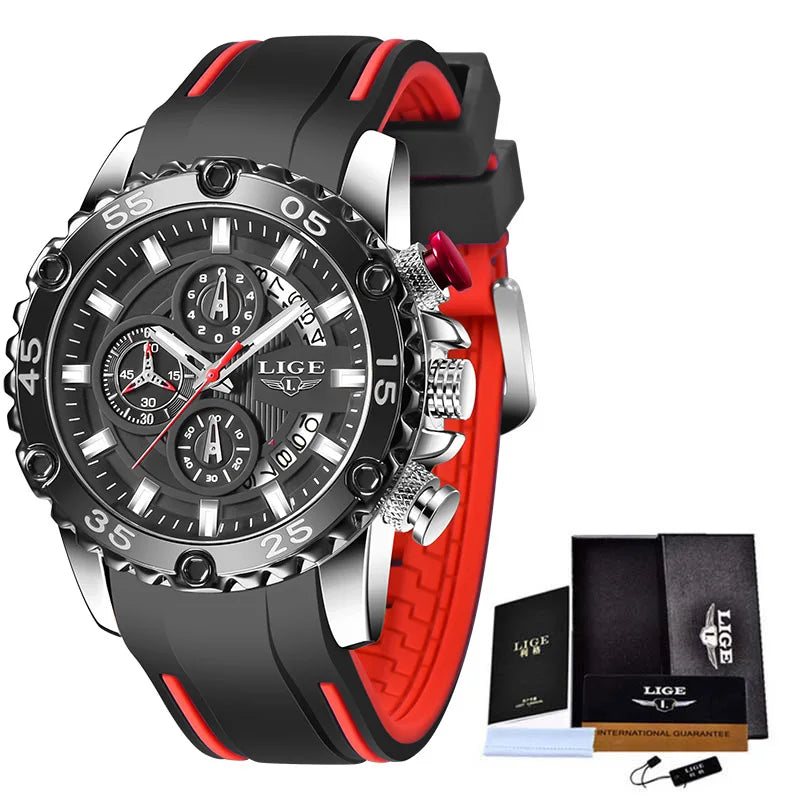 LIGE LG10027 Watch for Mens Quartz Watch Sports Wristwatches Colorful Multi Functional Tonneau Type Watch With Auto Date+box