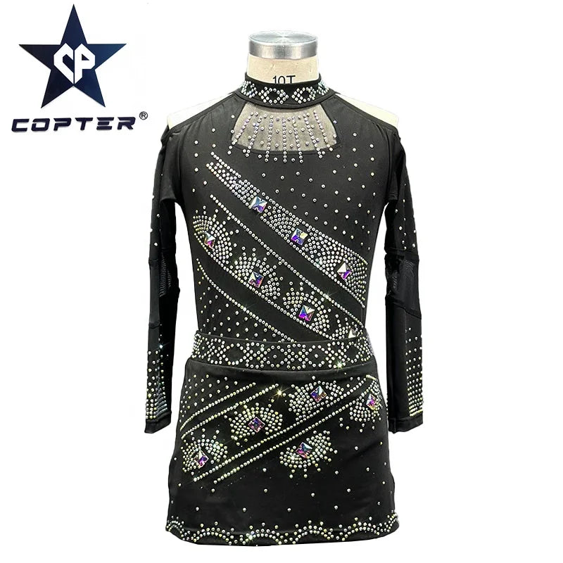 High Quality Sexy Custom Black Rhinestones Long Sleeve All Star Cheerleading Uniform Sets