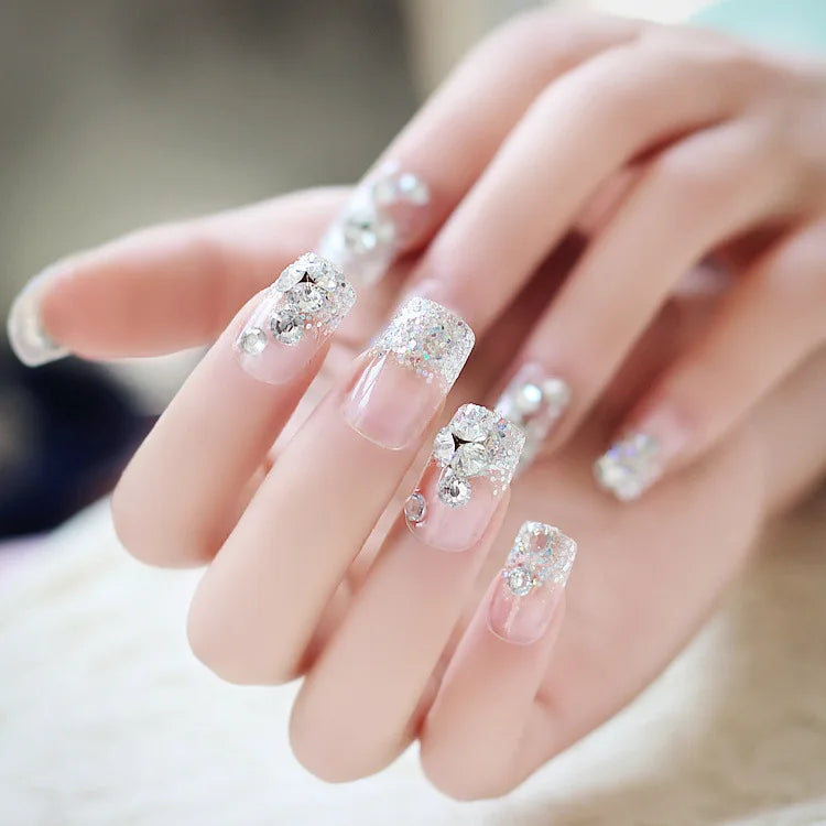 High Quality French square Glitter Powder Bride Nails Acrylic False Nails Custom Packaging Artificial Fingernails Rhinestone