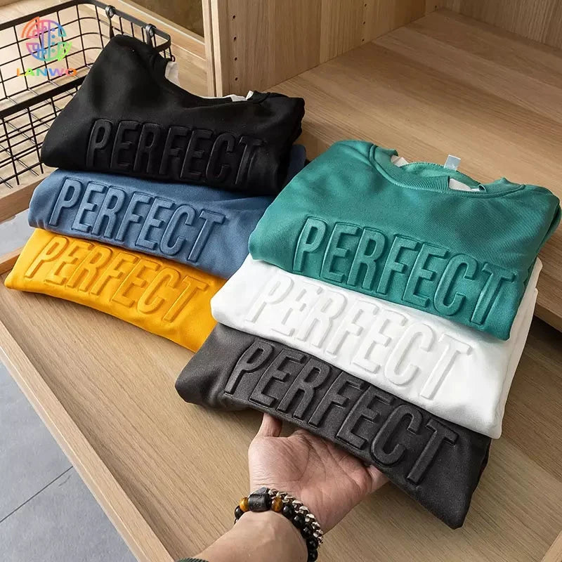 Street Style Heavy Mens Hoodies Sweatshirts Custom 3D Embossed 100% Cotton Knitted Regular Fit Crew Neck Solid Autumn Sweatshirt