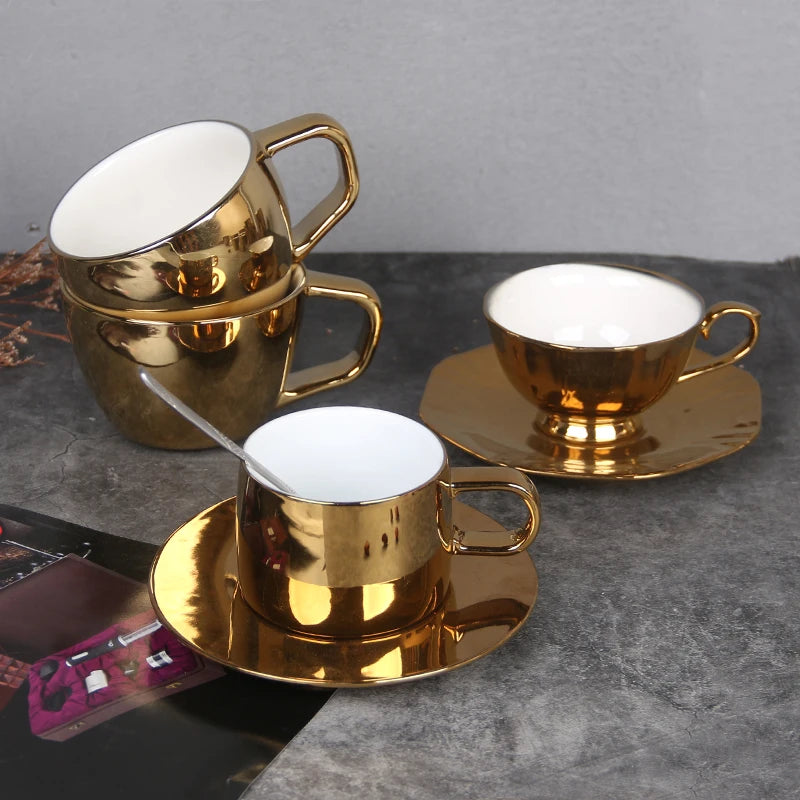 European Retro Style Ceramic Gold Coffee & Tea Cup Mugs Luxury Porcelain Table Sets with Gold Handle & Saucer