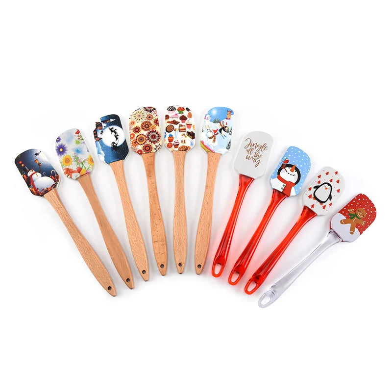 Wholesale New Pattern Printing Silicone Spatula Heat Resistant Non-Stick with Wooden Handle for Cake Baking & Pastry Tools