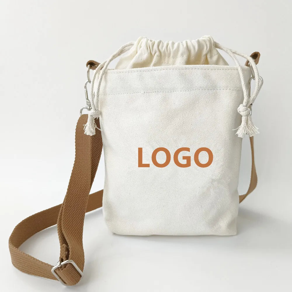 Custom Logo Simple Cotton Canvas Drawstring Women's Tote Shoulder Messenger Mobile Phone Sling Bags Retro Casual Mini Crossbody