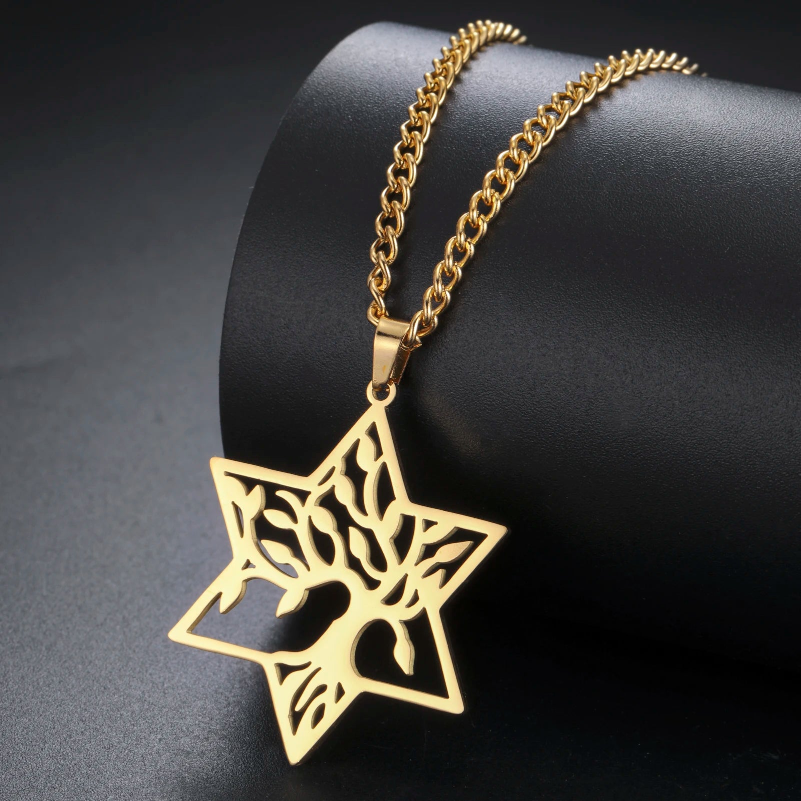 Myshape Vintage Stainless Steel Tree of Life Necklace Hexagram Star of David Gold Plated Jewish Protection Amulet Jewelry