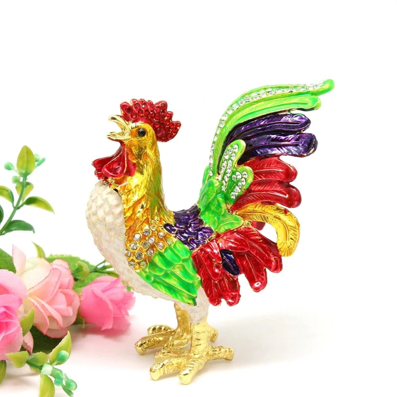 SHINNYGIFTS Enamel Rooster Chicken Trinket Box-Green/Gold/Colored Metal Craft Home Decor Gift