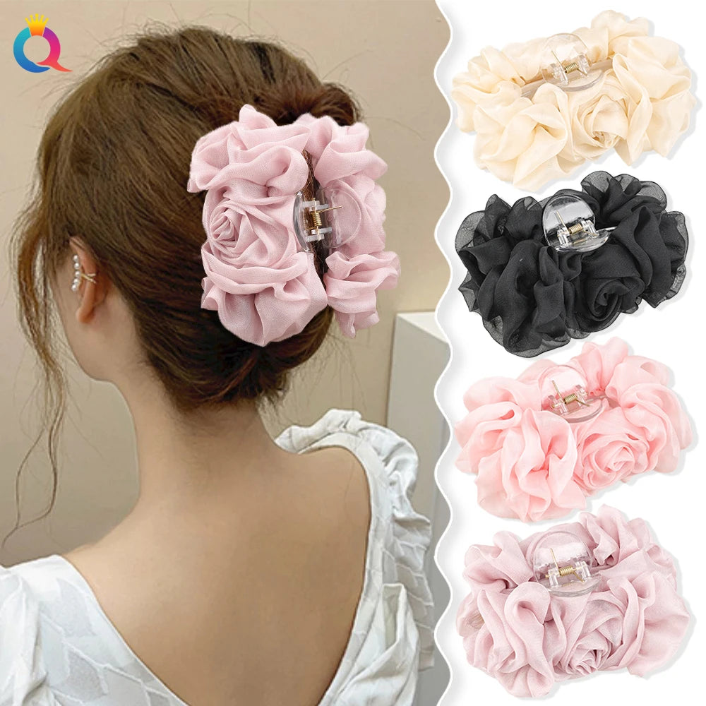 QIYUE Large Transparent Hair Claw Clip with Soft Chiffon Fabric Women Spring Season Hair Accessories