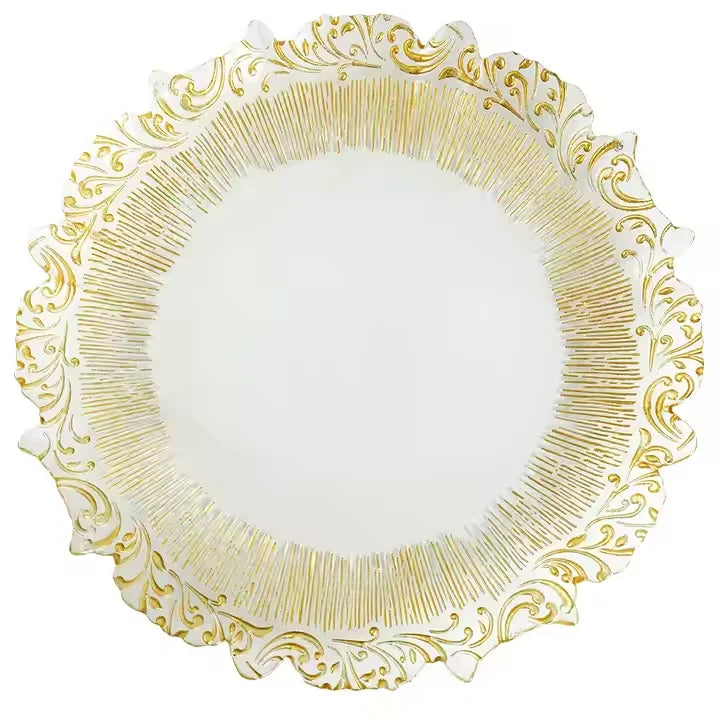 Luxury Fashionable Clear With Gold Pattern Plates for Dinner Hotel Wedding Anniversary Glass Chargers Plate