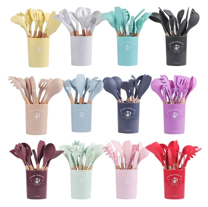 Custom 12-Piece Silicone Kitchenware Accessories Cooking Tools Set Spatula Stirring Utensils Wooden Handle Dishwasher Safe