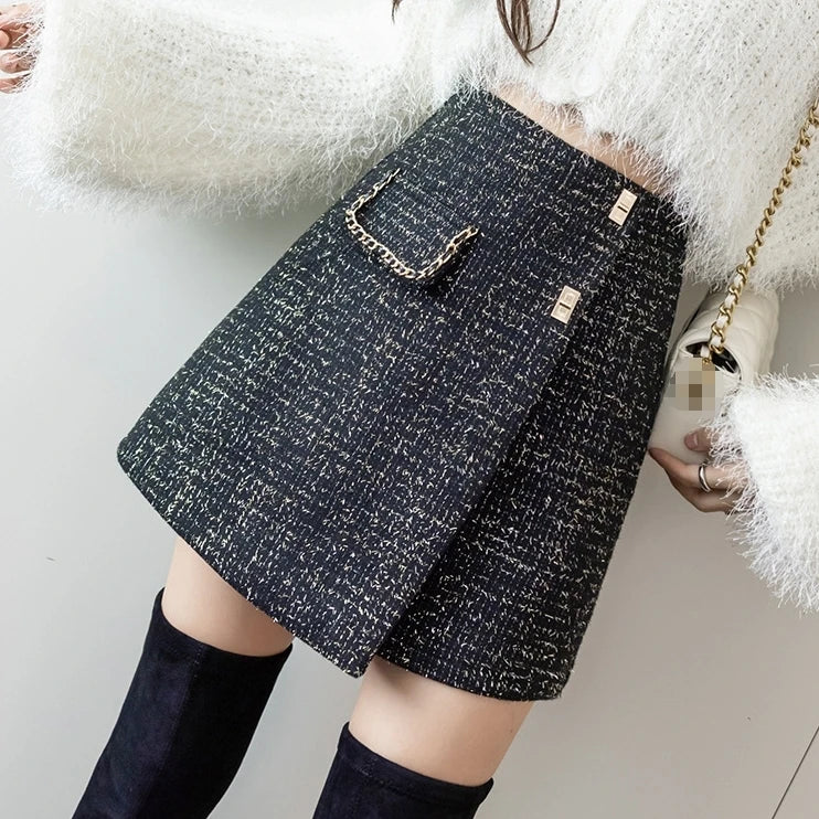 Women Autumn Winter New High Waist Woolen Skirts Thickened Wrapped Hip Button Short Skirt Simple Casual Versatile A-line Skirt