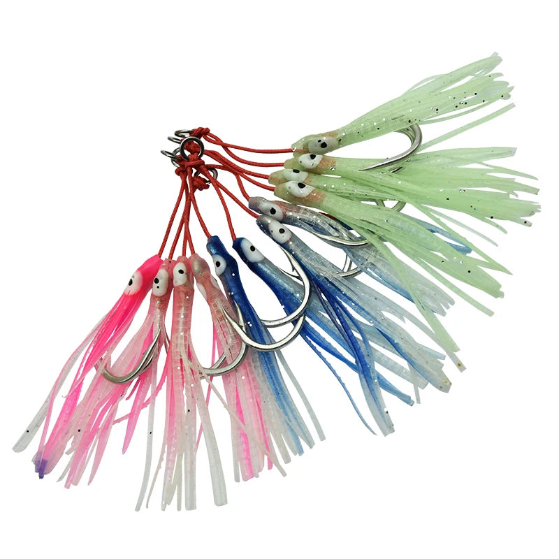 ZHUO RUN 1/0 2/0 11/0# Luminous Octopus Double Jigging Hook Metal Jig High Carbon Steel With Feather Fishing Jig Assist Hook